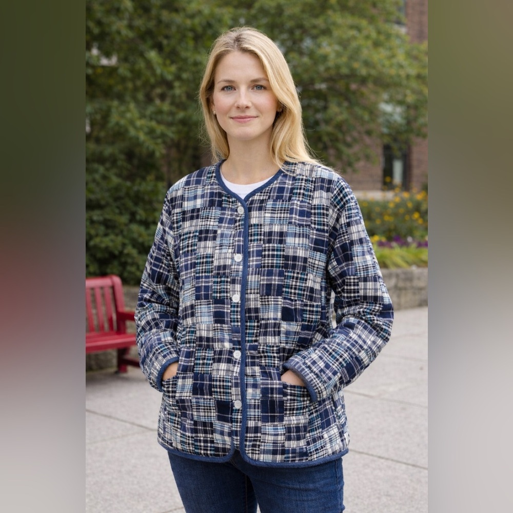 Stony Brook Quilted Plaid Button-Up Jacket Navy Blue Cozy Layer Size M NEW